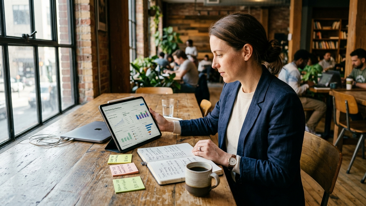 A solo operator at a co-working lounge table reviewing a multi-model cost dashboard on a tablet, with sticky notes representing tiered model routing, a handwritten token-math notebook, and a coffee mug beside the screen
