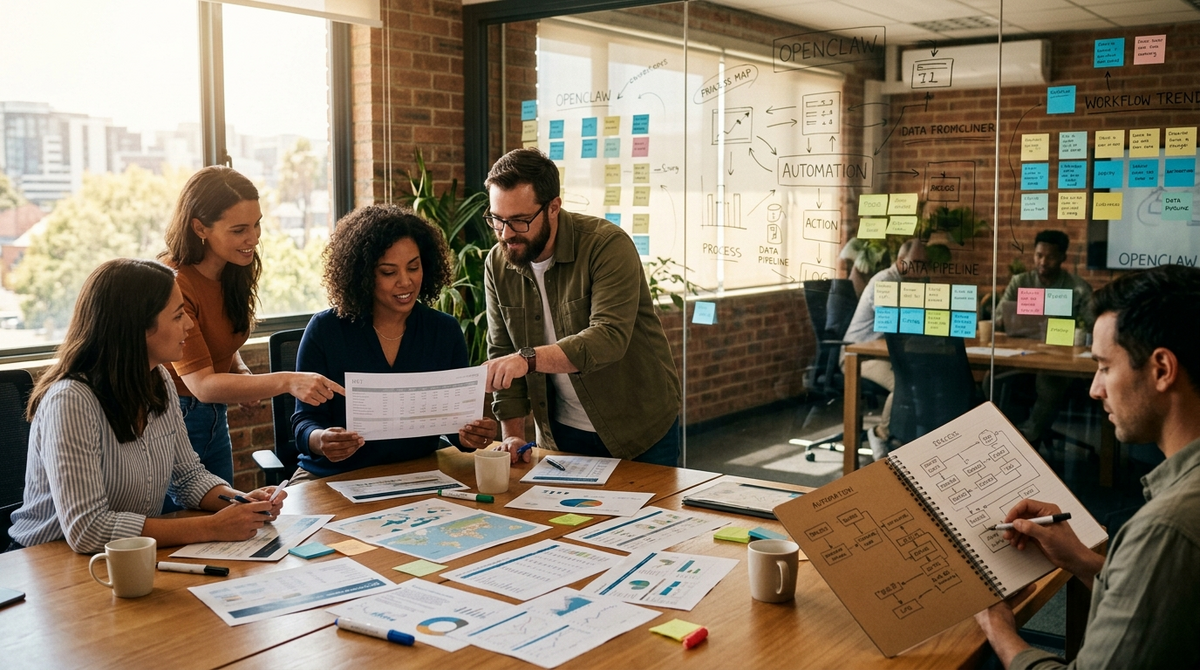 A solo operator in a sunlit workshop room reviewing a printed KPI sheet while a tablet displays a 30-day usage dashboard and a notebook shows a hand-drawn restart-recovery checklist