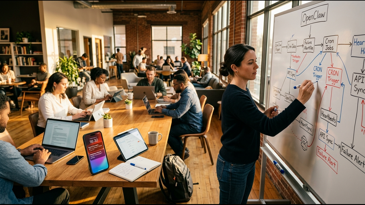A solo operator in a sunlit co-working lounge mapping a recurring workflow on a whiteboard, with a tablet showing an OpenClaw automation schedule and a smartphone showing a heartbeat notification