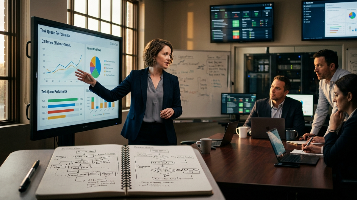 Operator team reviewing durable AI tasks, status boards, and queued decisions in a bright operations room