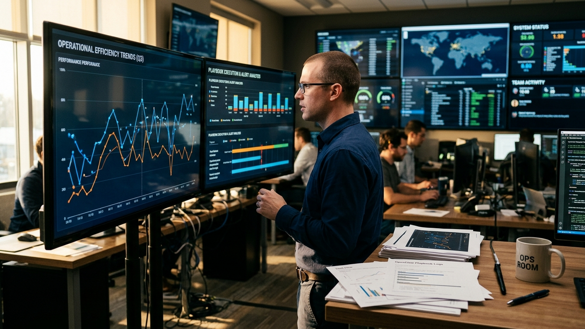 Operators coordinating reusable AI workflow files, approvals, and browser handoffs across a bright studio workspace