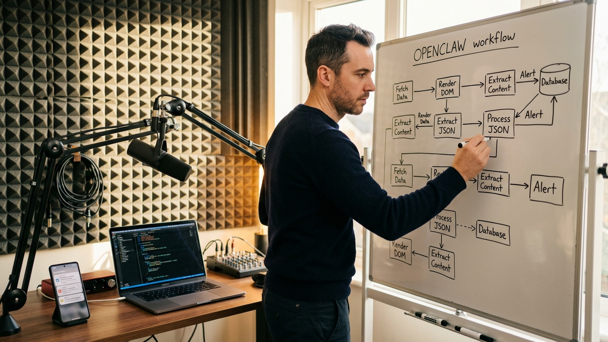 A solo operator at a standing desk with a kanban whiteboard and a wall of monitoring dashboards, mapping a small fleet of browser automation jobs to a $24 a month VPS