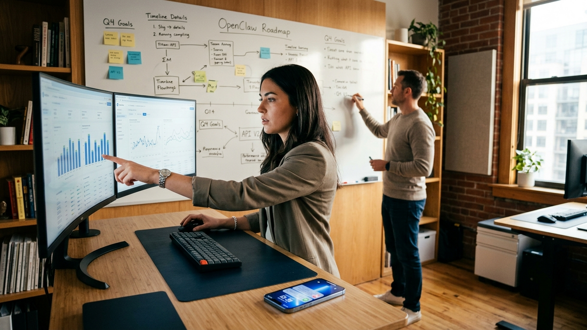 Operator reviewing a wall of scheduled AI routines, checklist cards, and browser task handoffs in a bright studio workspace