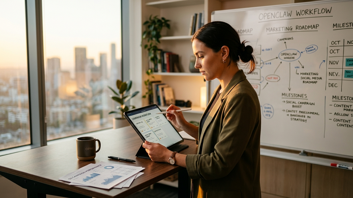 Operator coordinating scheduled AI routines, review queues, and browser tasks across a bright desk with notebooks and dashboards