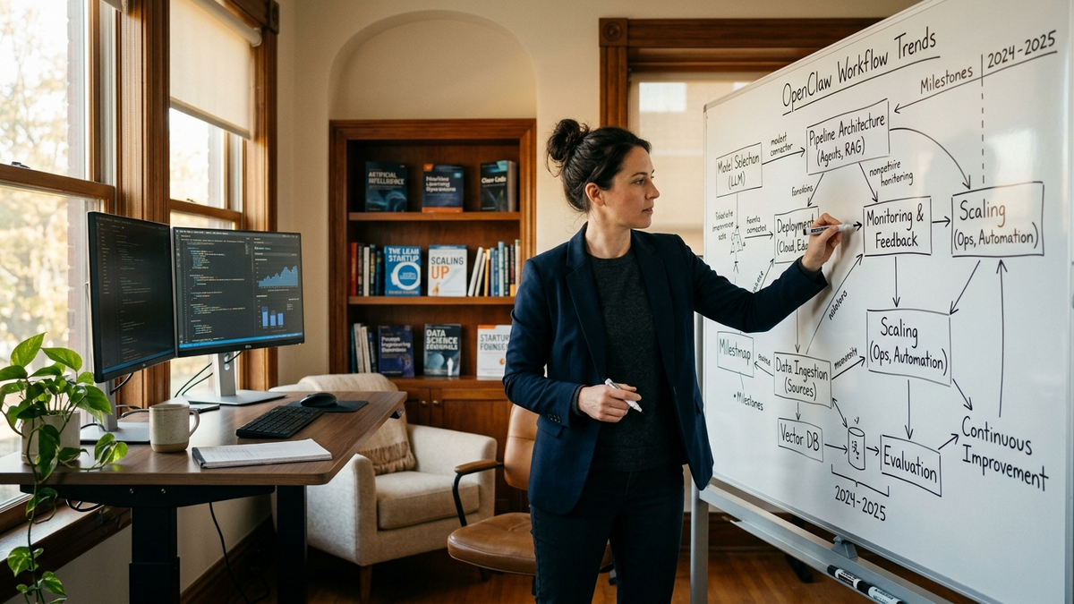 Operator mapping AI workflows across a whiteboard and standing desk in a bright founder office