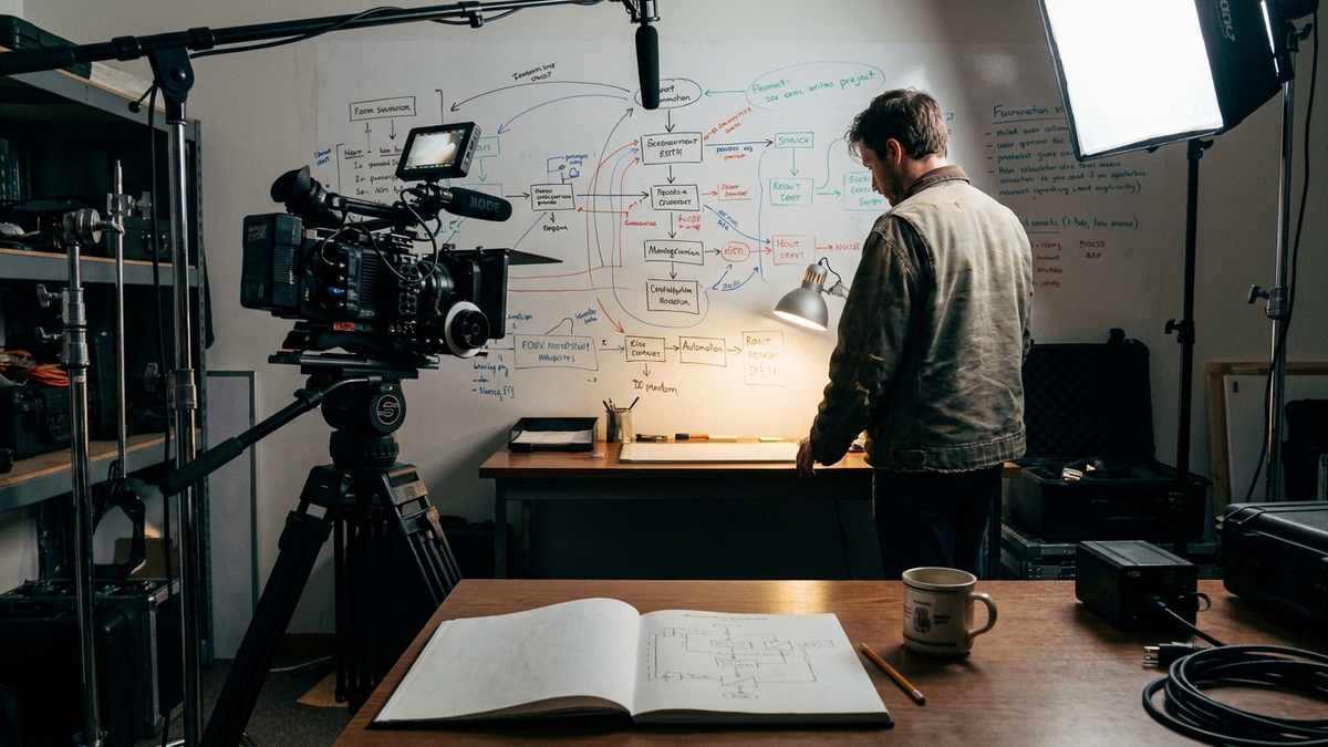 Operator mapping autonomous agent workflows on whiteboard with automation flow diagrams
