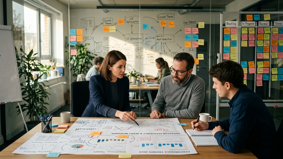 Operator supervising AI sessions across a shared console with schedules, browser tasks, terminal output, and review queues