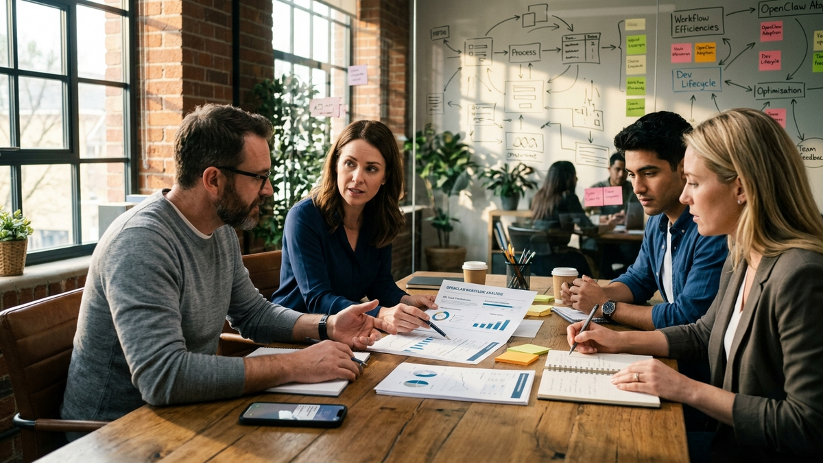 Small operations team reviewing AI workflow handoff steps on a whiteboard