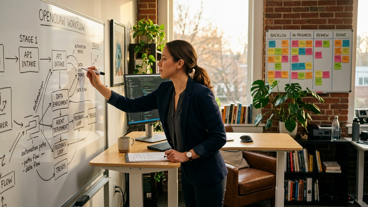 Small-team operator planning OpenClaw workflow steps on a whiteboard with task cards and daily checklists