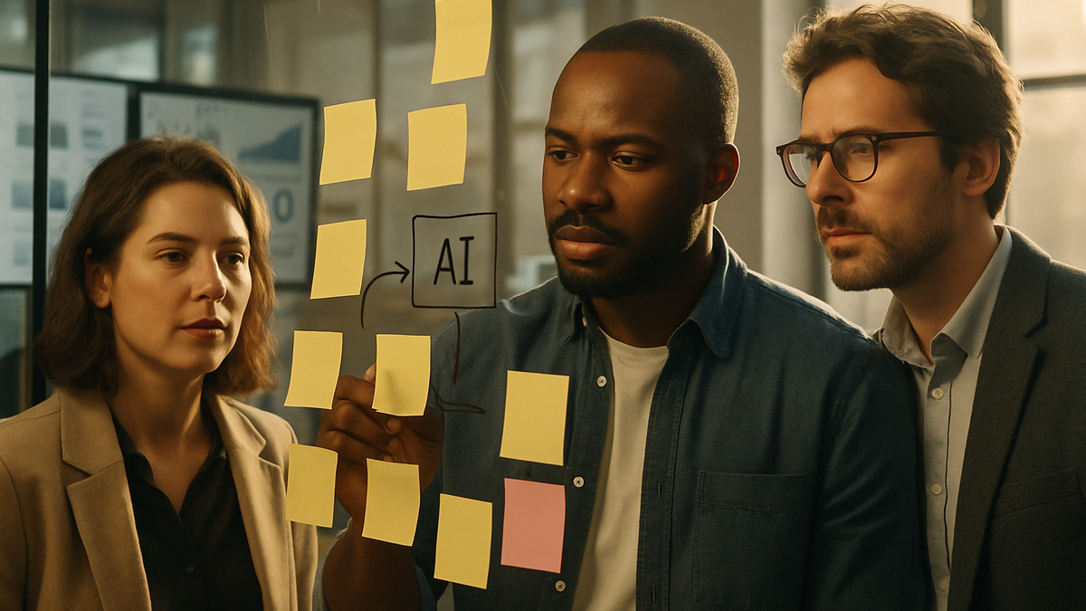 An operator team planning AI workflow automation on a glass wall with sticky notes and dashboards in a morning-lit studio.