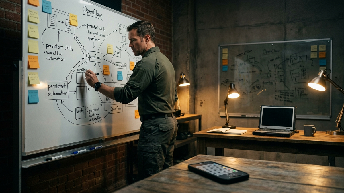 A solo operator in a strategy workshop room mapping recurring workflows on a whiteboard, with sticky notes and a smartphone showing automation alerts nearby