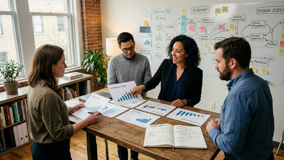 Operator workbench with printed workflow plans, review cards, browser notes, and shared agent task artifacts in a bright studio