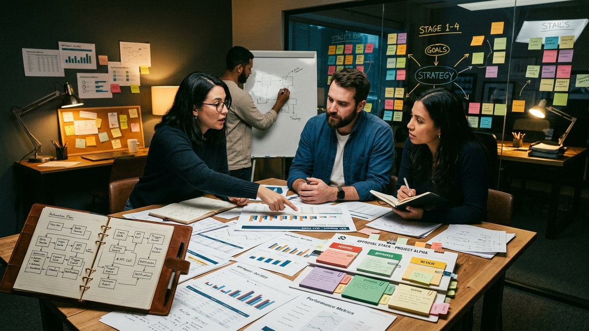 Operators reviewing AI workflow checkpoints around a planning table with printed reports, sticky notes, and an approval board