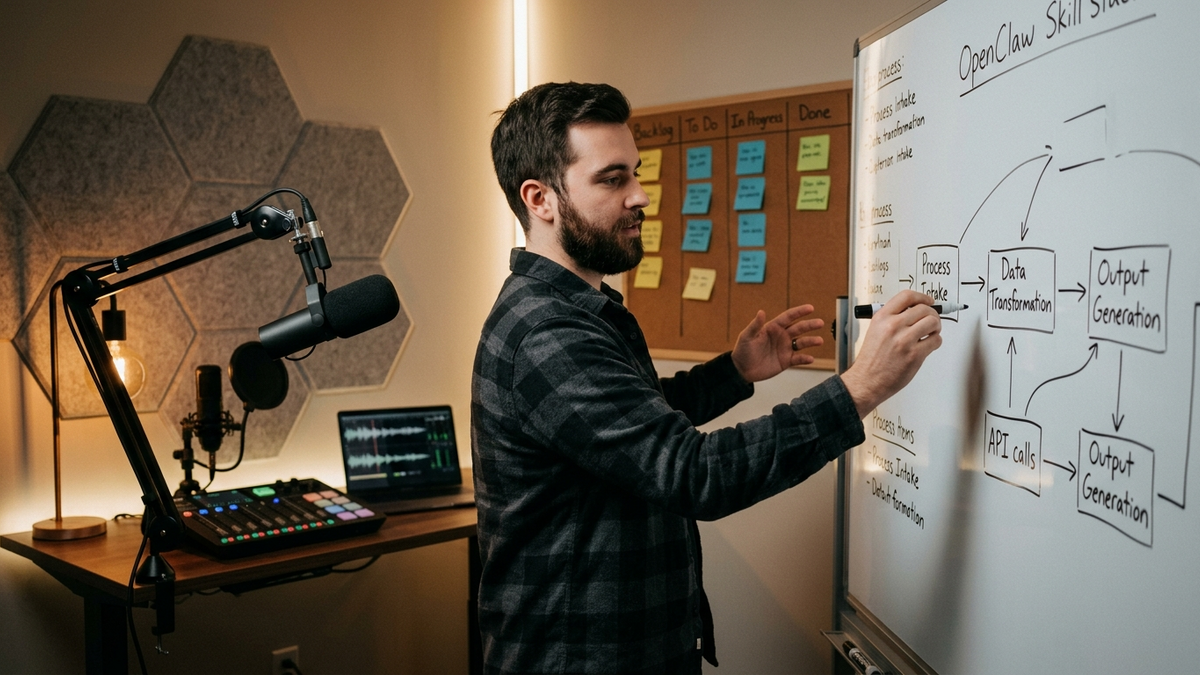 Operator mapping reusable AI workflow modules, whiteboard steps, and creator tools in a studio workspace