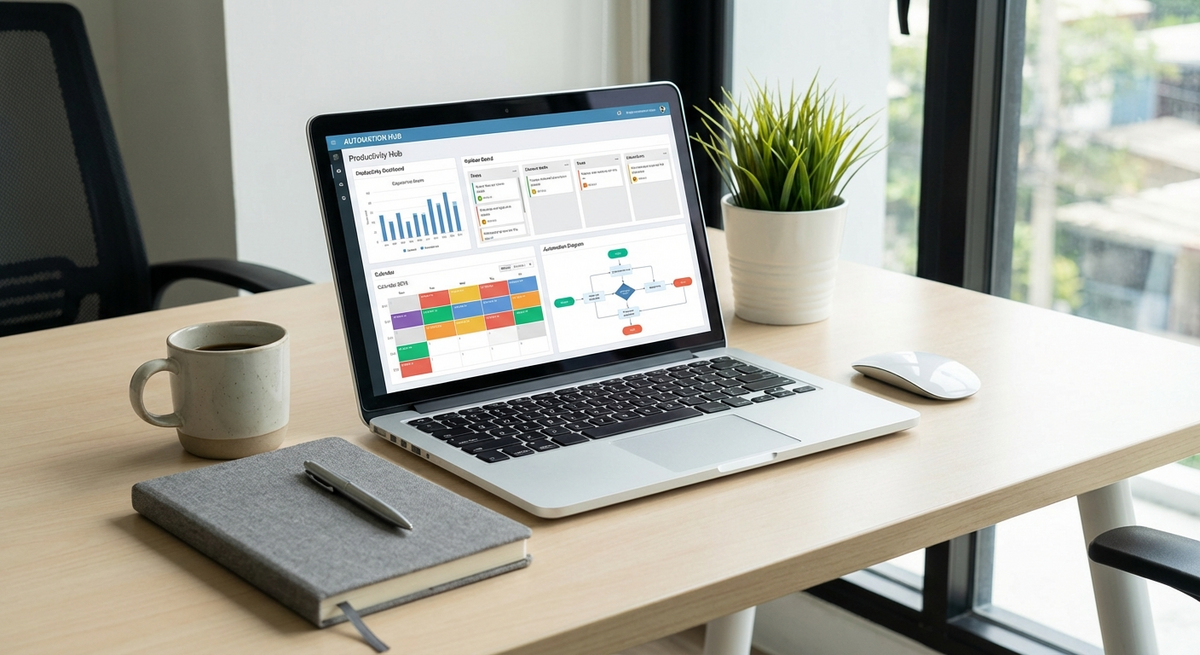 Professional workspace with productivity automation dashboard and task management tools