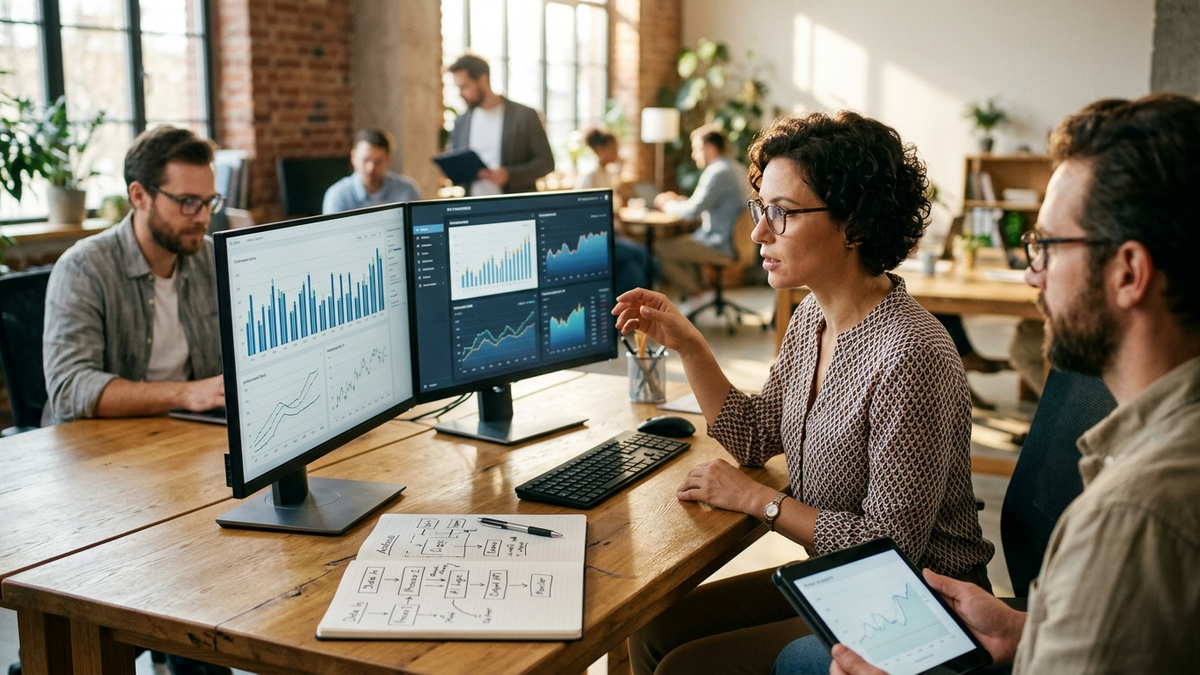 Operator reviewing a background AI workflow across mobile, desk, and wall dashboard surfaces in a small-team studio