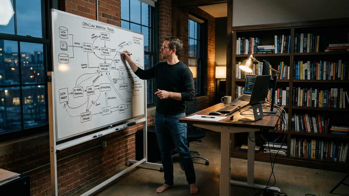 Operator mapping a repeatable AI workflow across a whiteboard, desk, and connected work tools in a founder office