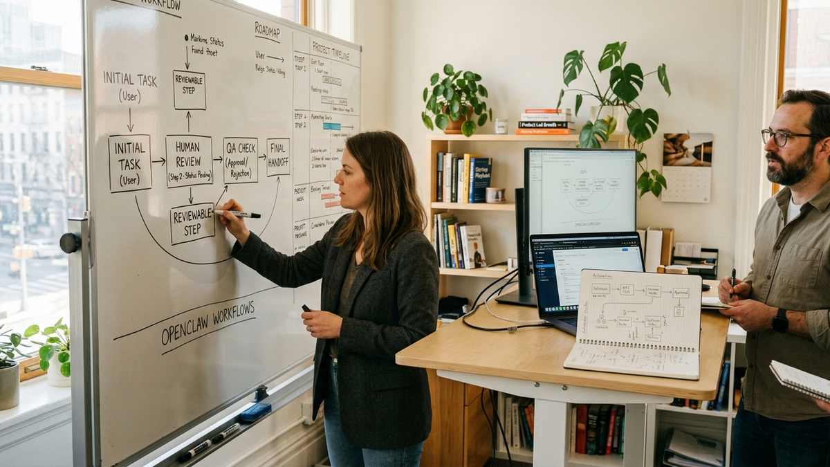 Operator planning reviewable AI workflow handoffs on a whiteboard in a bright founder office