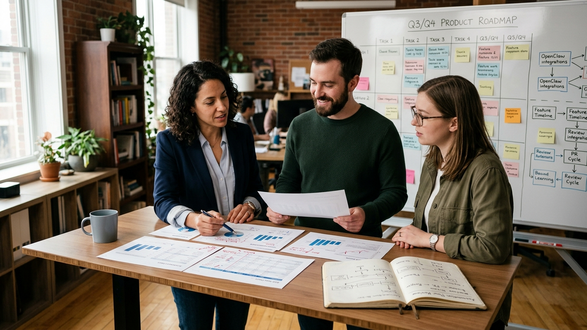 Independent operator reviewing a visual workflow board with research notes, approvals, and AI task handoffs in a bright studio office