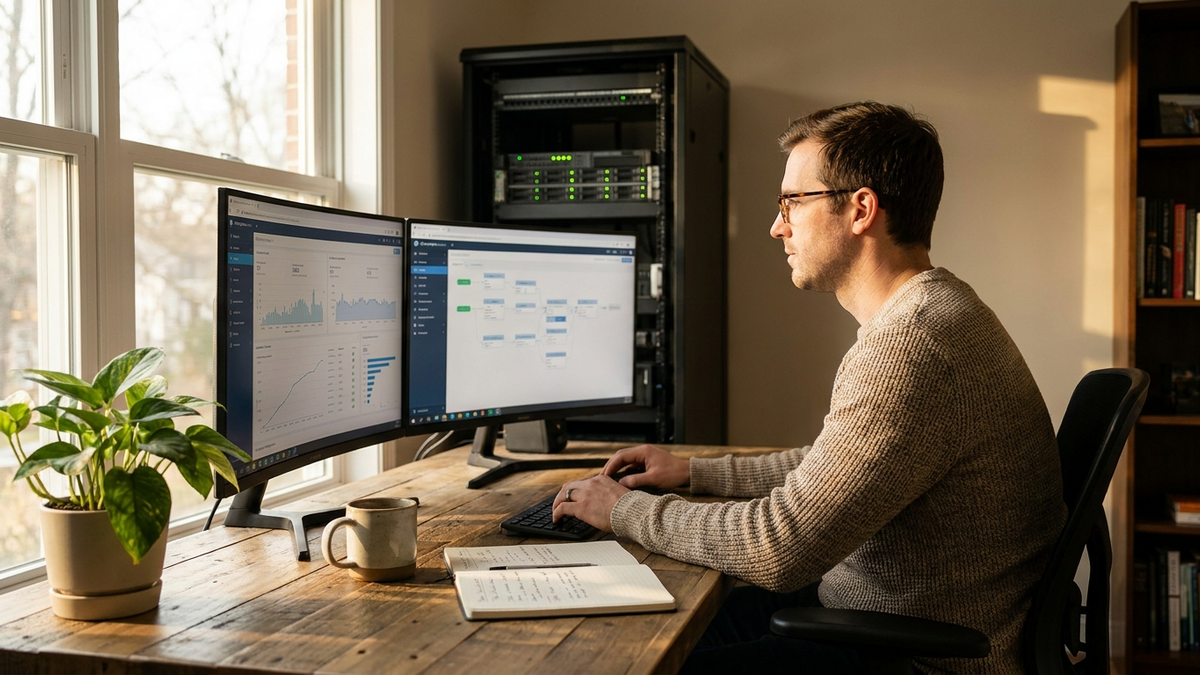 Small business owner reviewing automated workflow dashboards in a home office with visible server infrastructure