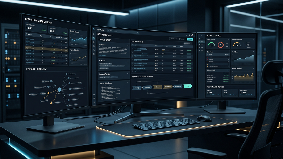Autonomous SEO workstation using OpenClaw with rankings, research panels, technical audits, content briefs, and publishing pipelines