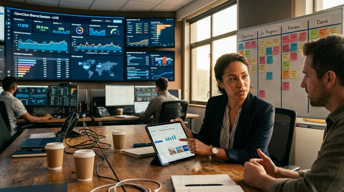 A solo operator handing off a shared agent session to a collaborator beside a wall of workflow dashboards