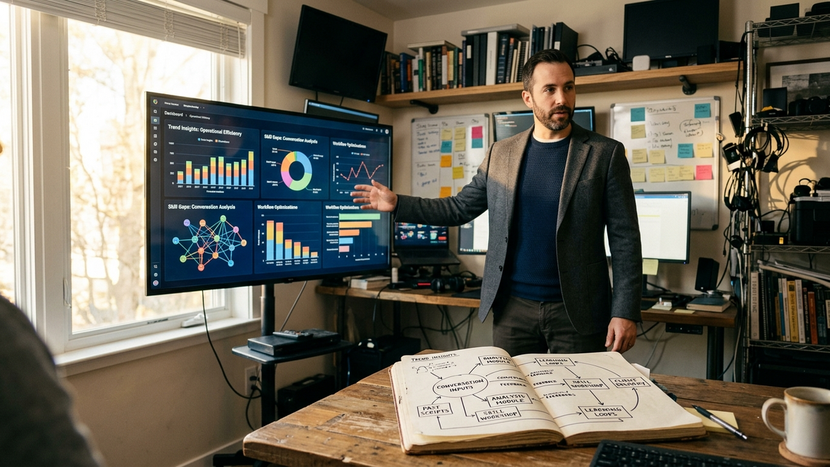 A solo operator in a workshop room reviewing dashboards on a large monitor with a notebook of automation flows and sticky notes in the background