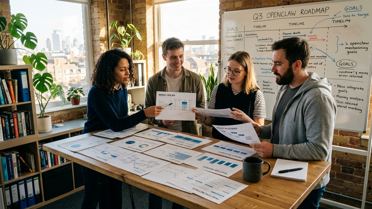 A four-person SMB team in a glass-walled conference nook with one Slack workspace open on a wall display, each channel mapped to a different OpenClaw skill and decision model