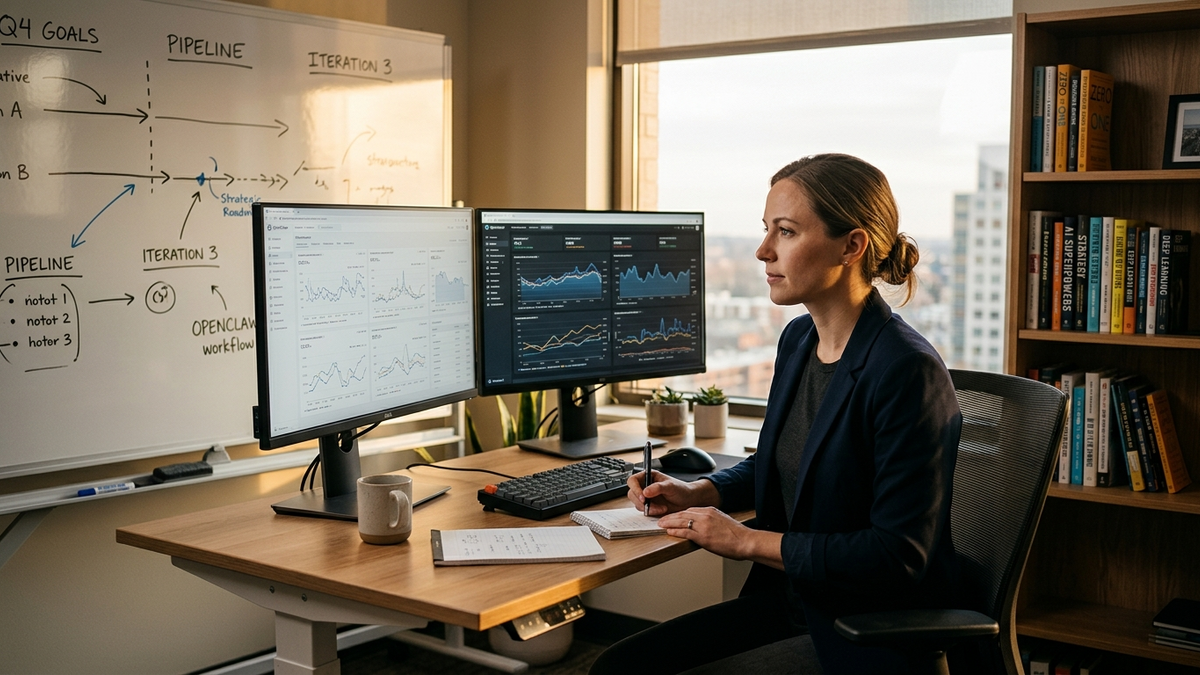An operator in a modern office analyzing performance metrics on dual displays alongside a whiteboard roadmap