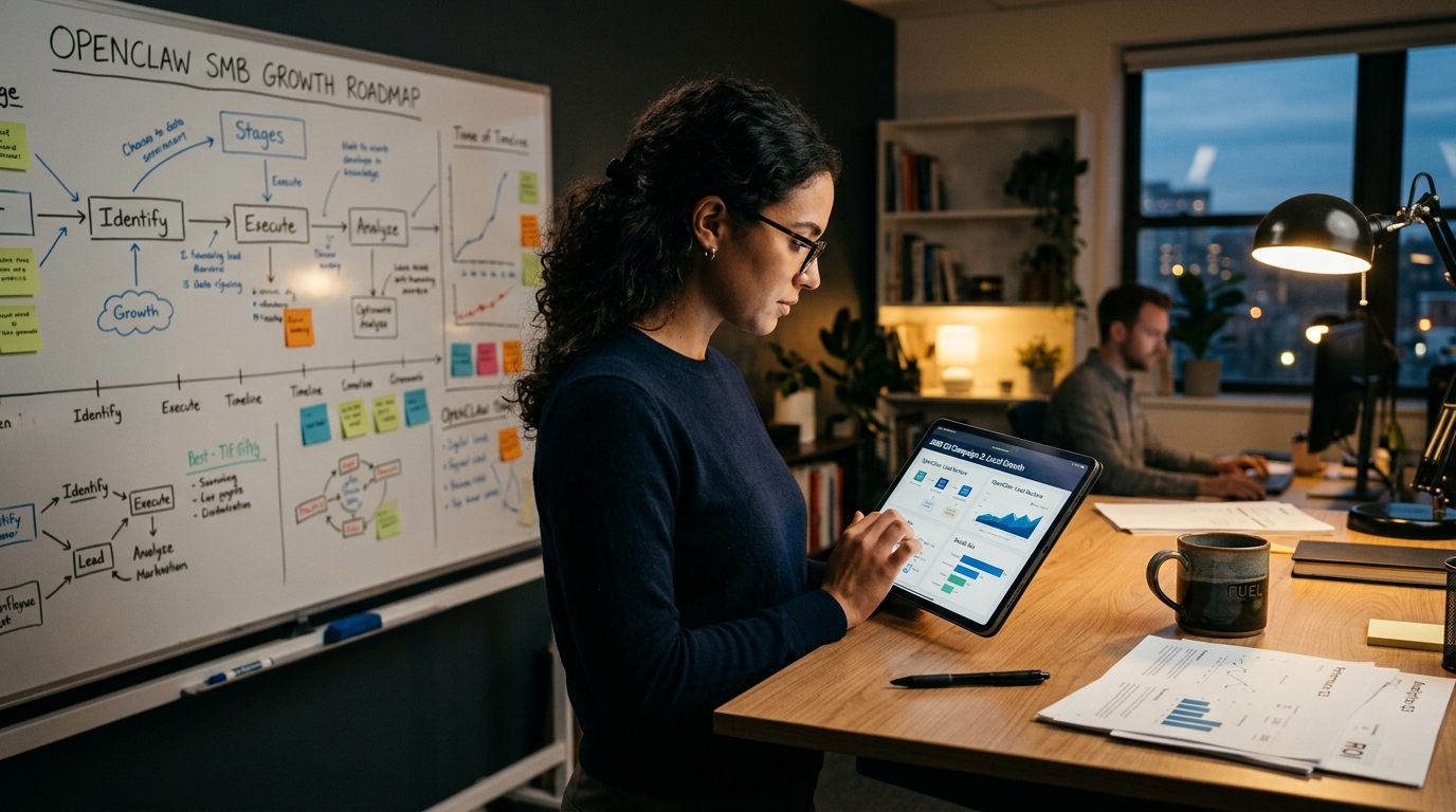 A marketer reviewing campaign cards on a tablet in an office.