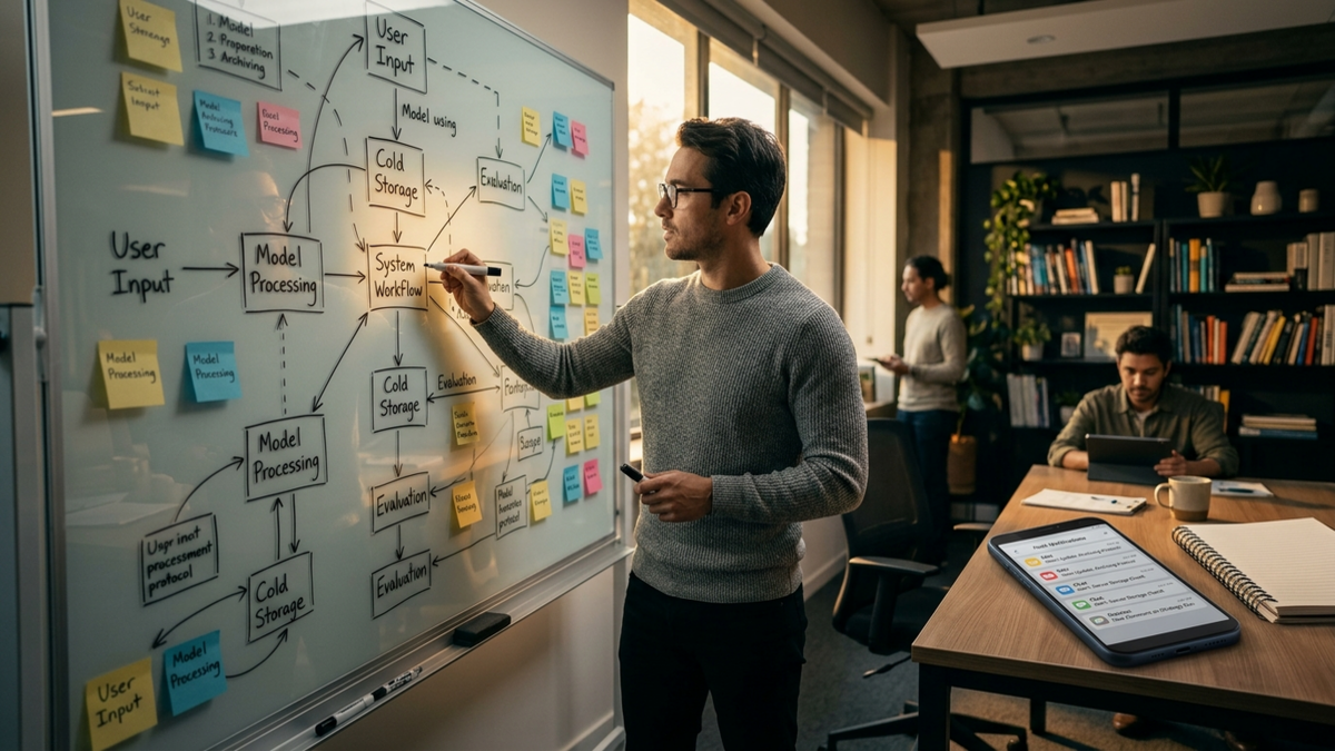 A solo operator at a glass whiteboard mapping a four-agent crew with a Cold Storage box, a smartphone showing alert notifications, and a colleague working in the background