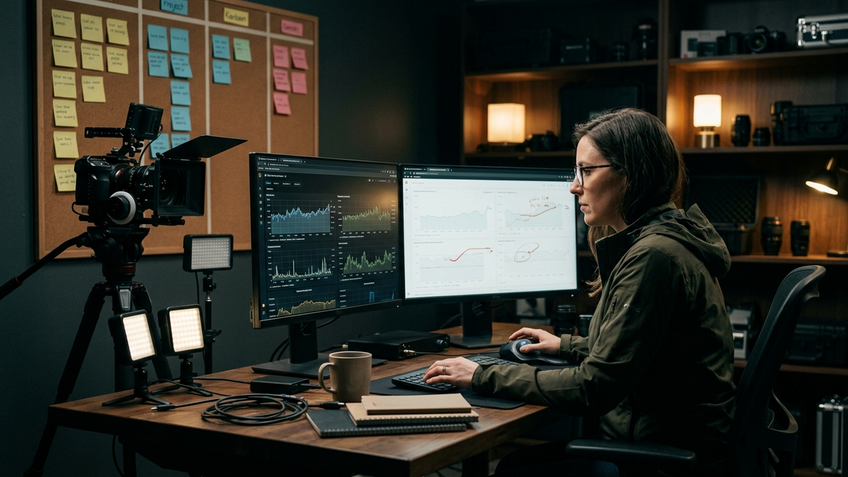 A solo operator at a co-working studio desk with a tablet showing a four-agent specialist team setup screen and a notebook listing recurring operator workflows