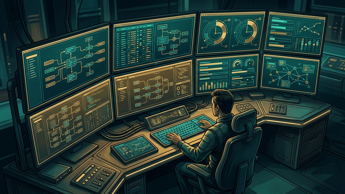 Operator workspace with code repos, scripts, schedules, and AI agent control surfaces working together as one system