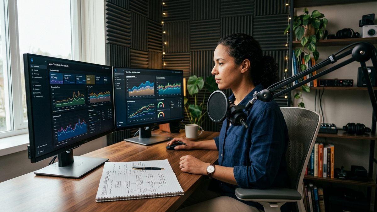 Independent operator reviewing event-triggered agent workflows across dashboards, notes, and approval checklists in a studio workspace