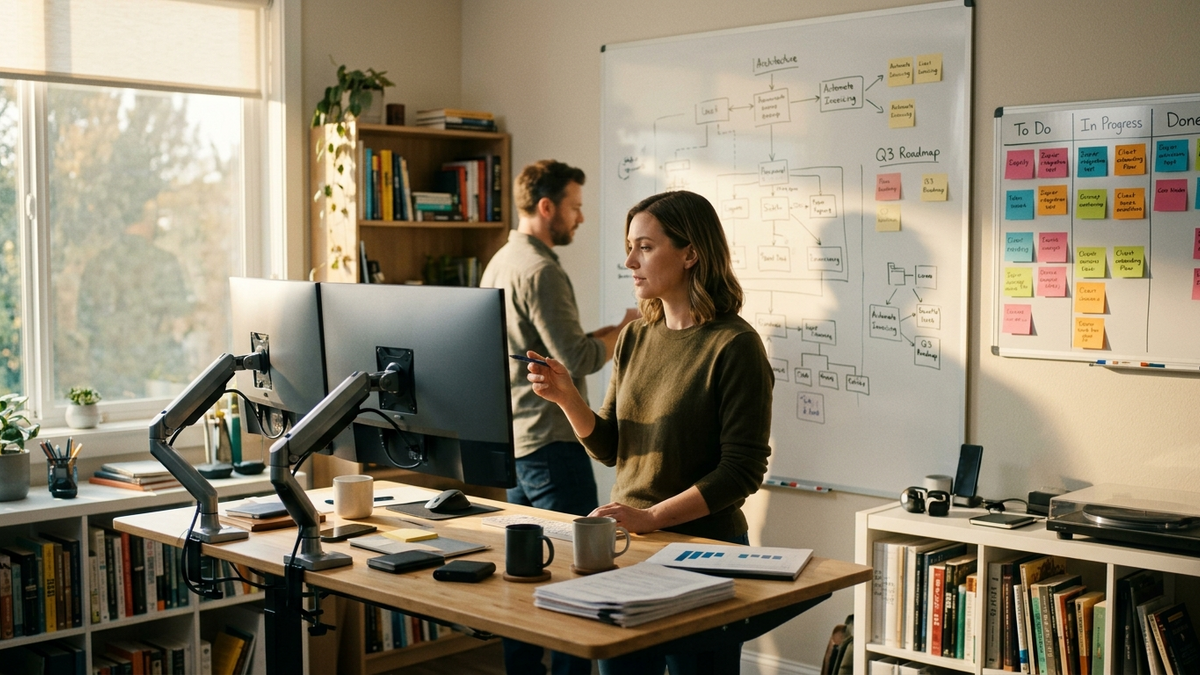 Operator reviewing AI workflow performance metrics on dual displays