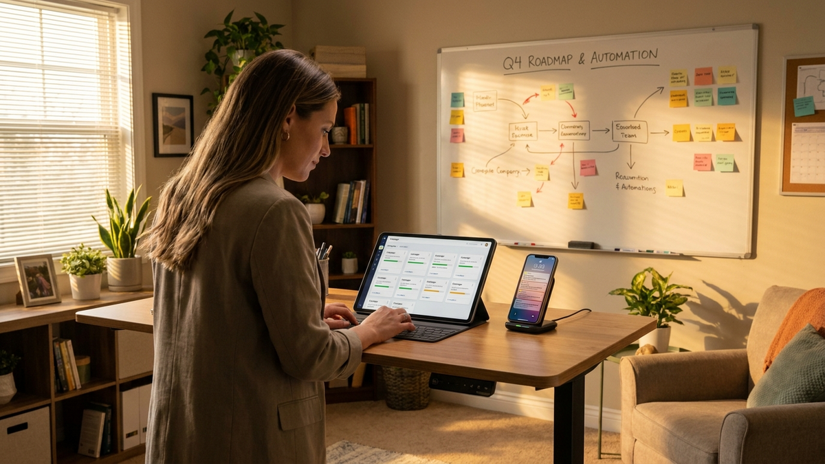 Small business founder reviewing AI workflow automation system on tablet in modern office