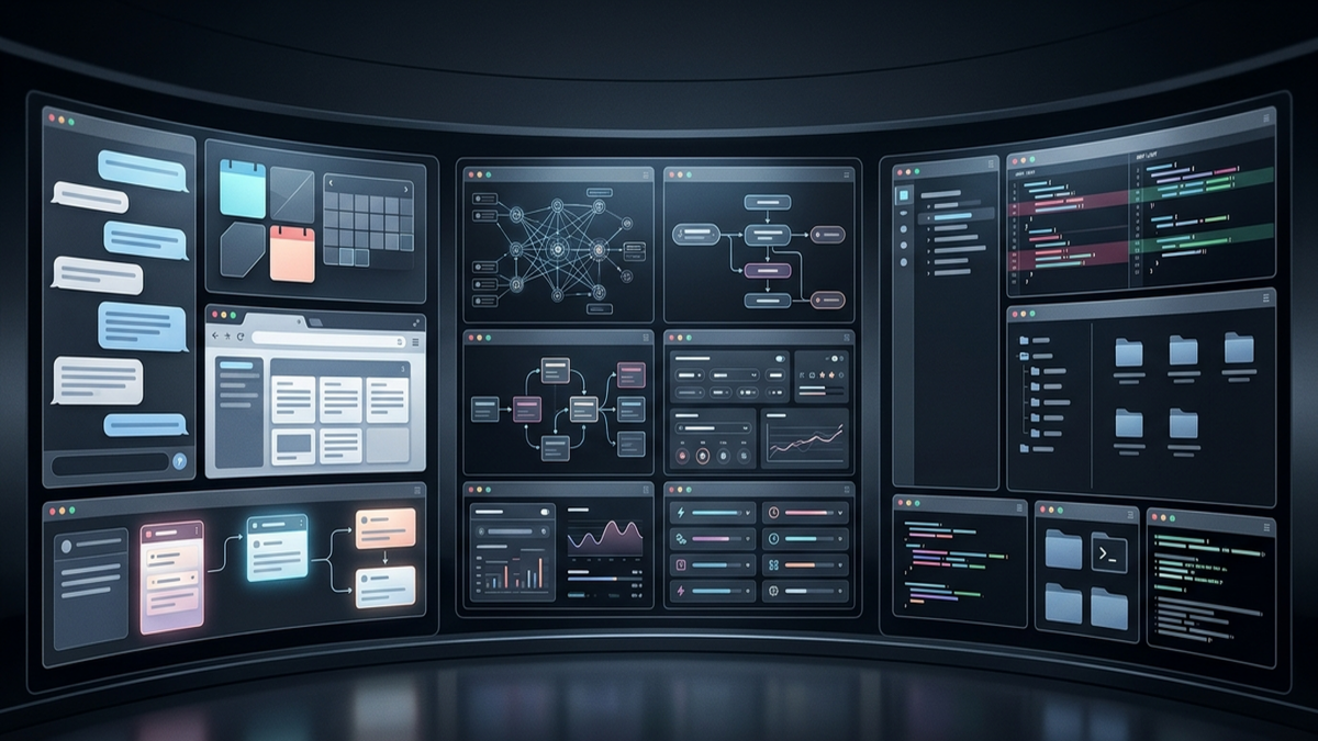 A cinematic split-screen command center showing an operator-focused agent dashboard, a sprawling multi-platform harness, and a code-first terminal workflow