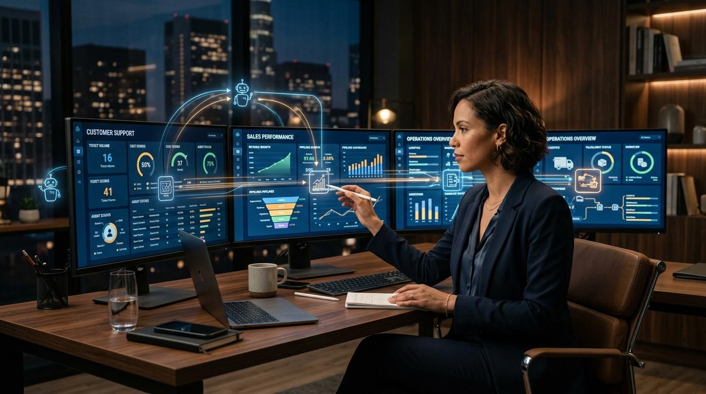Small-business operator reviewing AI-driven sales, support, and operations dashboards in a premium dark office.