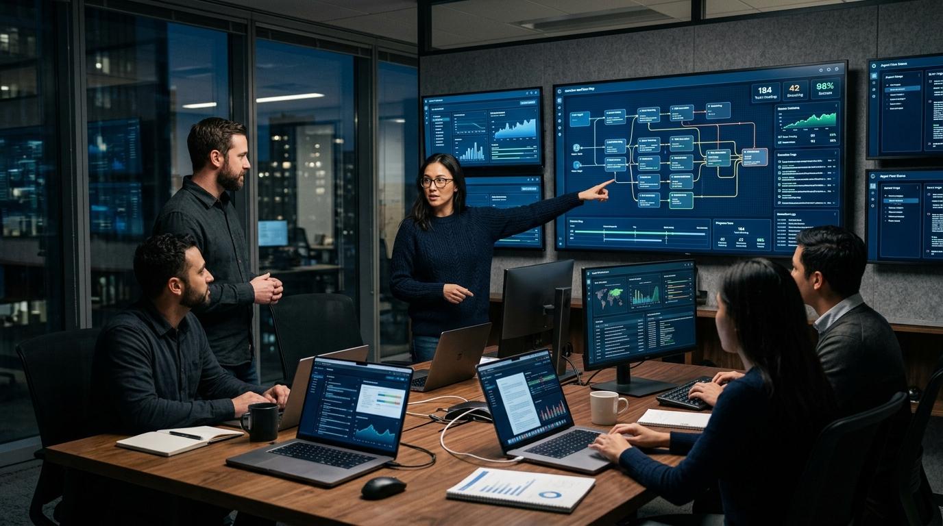 Professional AI operations workspace with workflow maps, dashboards, and coordinated execution screens.