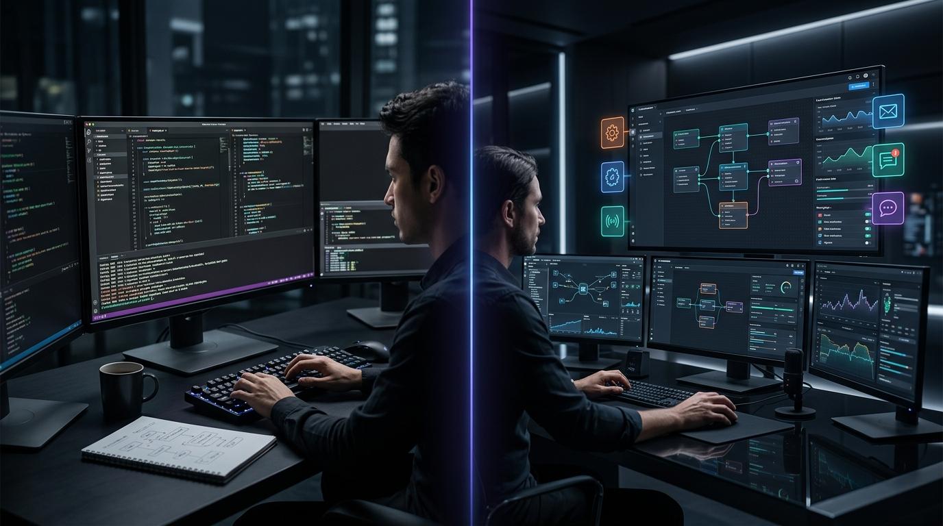 Split-scene comparison of a coding terminal environment and an orchestration dashboard for AI workflows.
