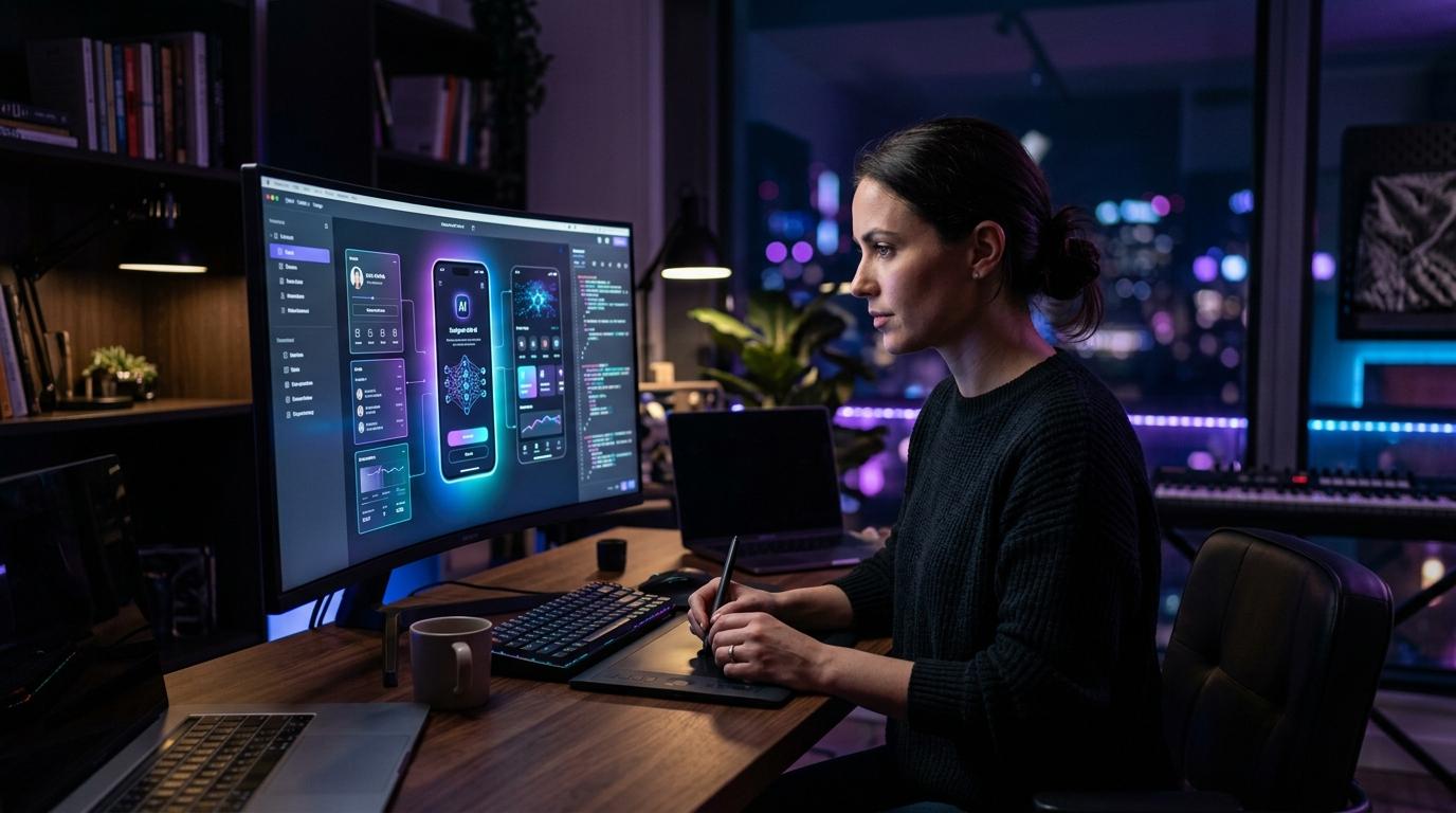 Founder using AI-assisted app-building tools with glowing interface panels in a refined dark workspace.