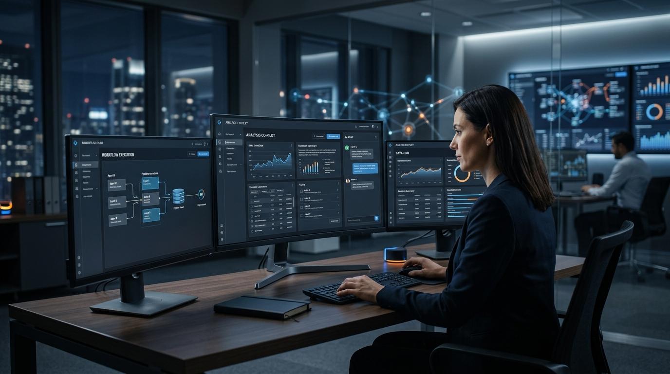 Operators working across multiple AI copilots and analysis dashboards in a dark premium workspace.