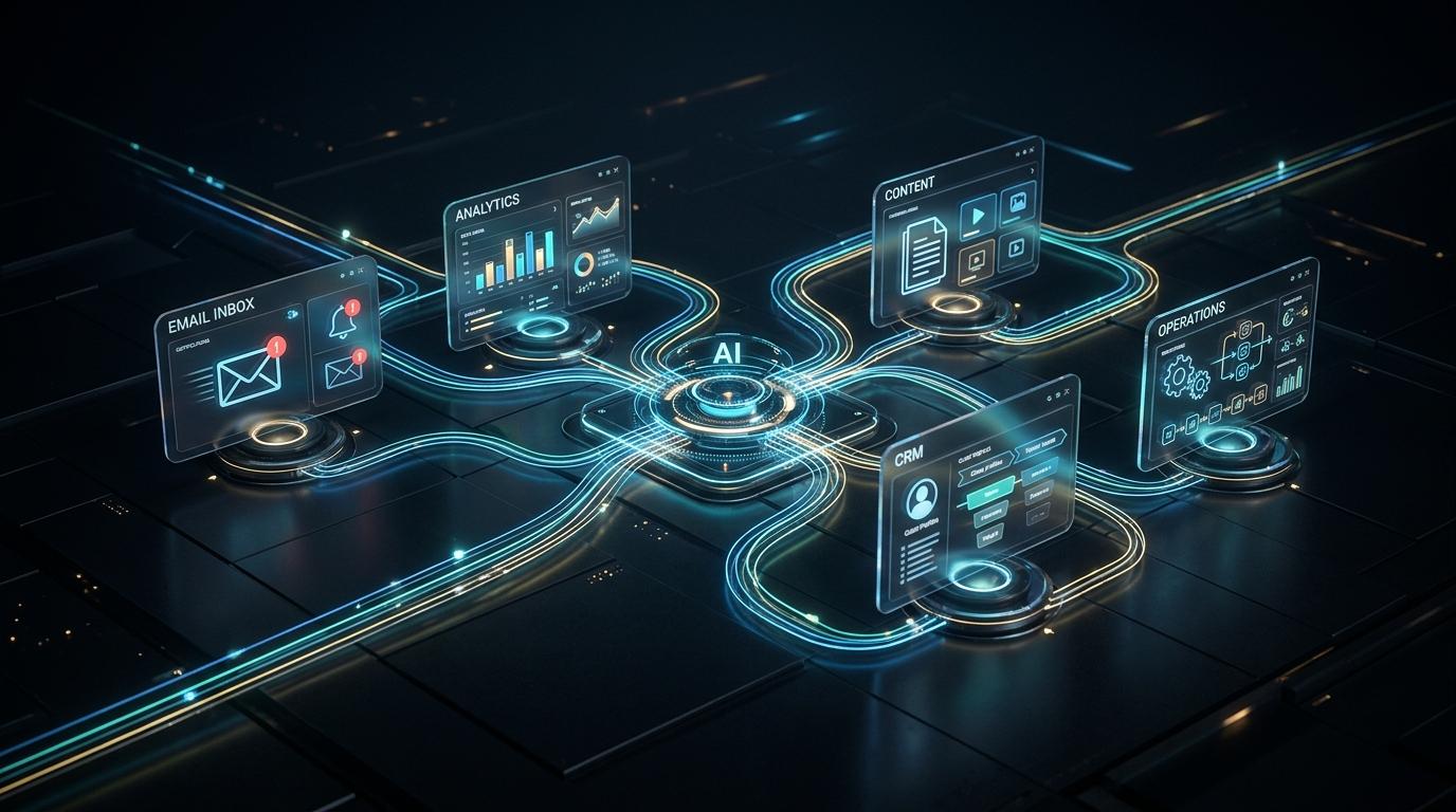 Abstract premium AI automation system connecting email, analytics, content, CRM, and operations workflows.