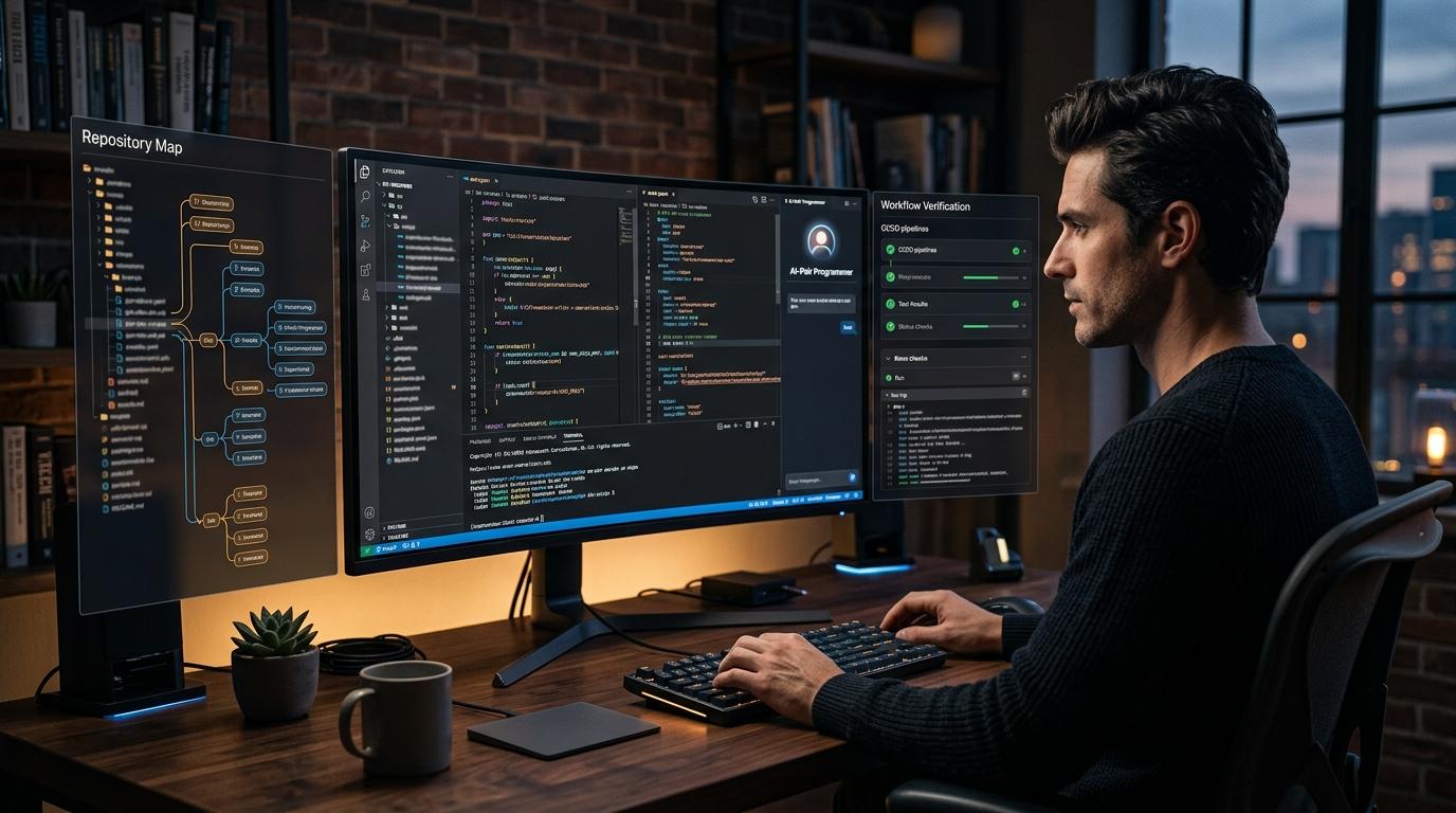 Premium developer workspace with coding terminal, verification panels, and AI-assisted software workflows.