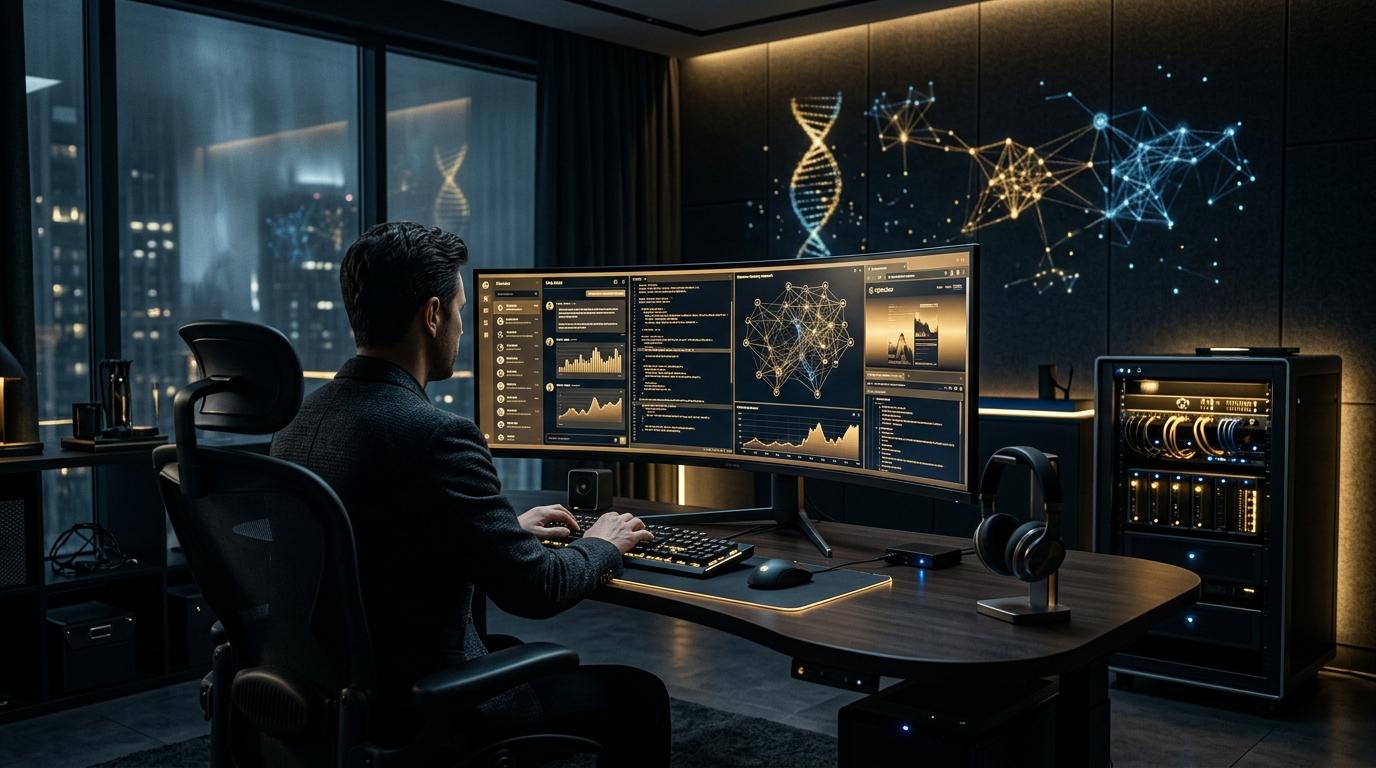 Self-hosted AI assistant control room with chat, shell, and workflow surfaces in a premium dark environment.