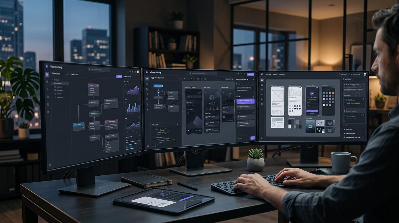 Brand-neutral creative workspace for AI-assisted app building with refined purple and blue product-design screens.