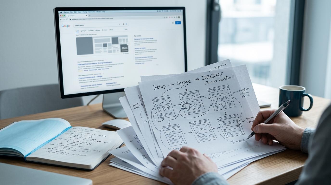 Browser research desk with annotated printouts, navigation notes, and a cool blue editorial atmosphere