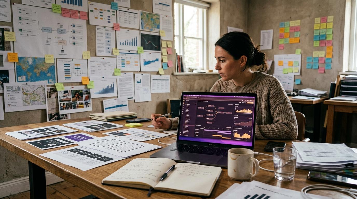 Creative marketing strategy table with printouts, notes, and campaign materials in a warm editorial workspace