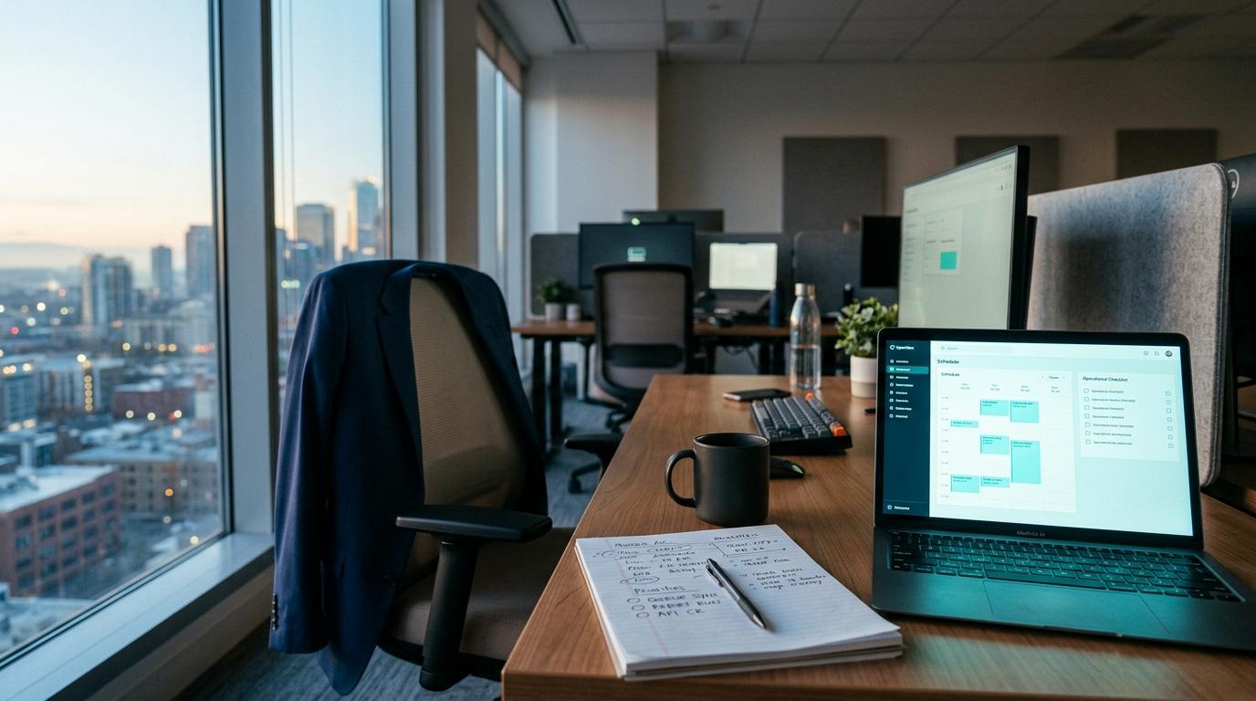Quiet early-morning operations workspace with planning notes, coffee, and systems already running