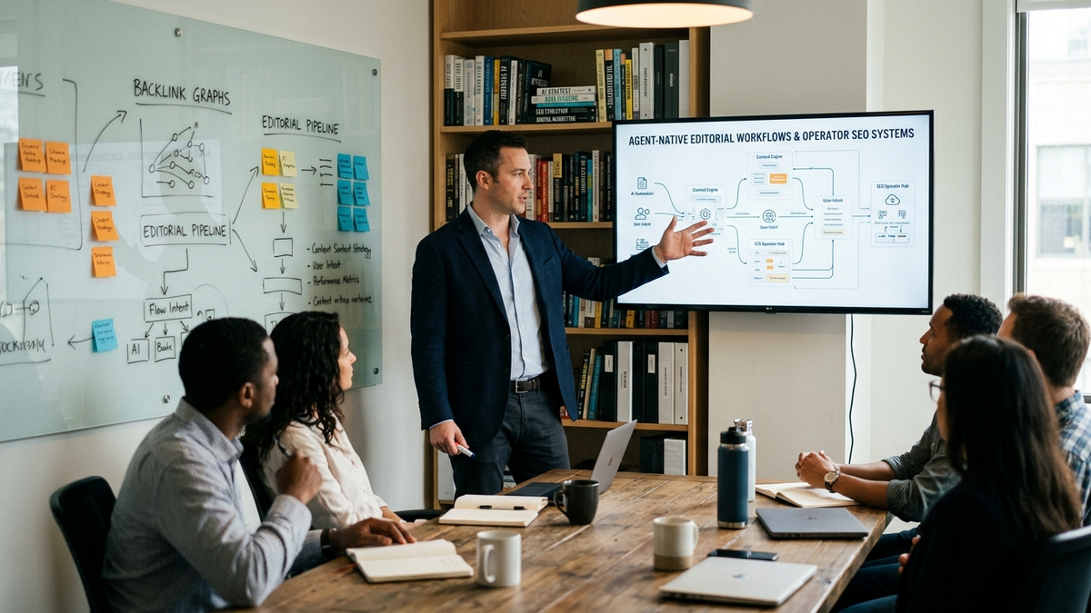 An operator and AI publishing workflow surrounded by editorial dashboards, backlink graphs, and review queues